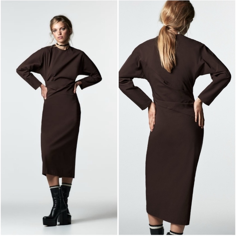 Zara Ruched Brown Midi Dress